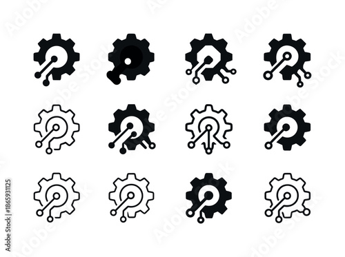Programming Icons Collection. Programming. Icon set. Set Logo of Programming: gear with circuit lines. harmonious logo variations of the same emblematic