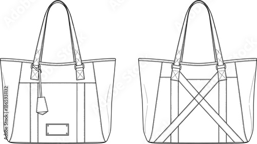 Tote bag fashion flat sketch with front and back views showing shoulder straps stitching details and structured handbag design