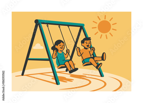 Playful Sunshine Swingset. Sunny swing set. Kids taking turns on swings under warm rays; curved shadow lines creating a rhythmic flow. Floating sun and cloud