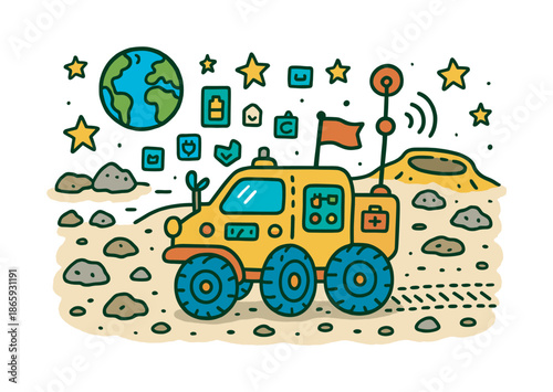 Colorful Lunar Rover. Lunar rover. Colorful Hand-drawn doodle Children illustration Lunar rover cute rover with wheels, moon rocks, craters, small antenna,