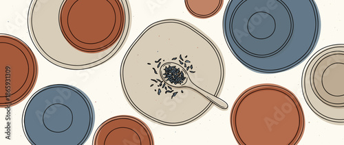 Hand-drawn illustration of rustic ceramic plates and a spoon with grains in a minimalist line art style with an earthy color palette, showing a top-down view of a dining concept