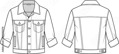Men’s denim jacket fashion flat sketch with front and back views showing classic button design collar pockets and stitching details