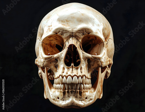 An eerie and detailed close-up shot of a human skull against a dark background, revealing its intricate structure