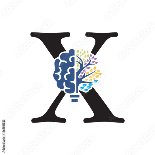 Brain Tree Logo  combine with letter X vector template