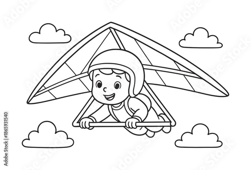 Hang Gliding Fun. Hang gliding children?s coloring book illustration, outlined drawing, child safely gliding through the sky with a simple cartoon hang glider,