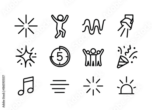 Showtime Icon Set. Showtime energy. Line icon set of showtime energy: starburst, jumping dancer, rhythmic waves, spotlight flash, performance spark, countdown