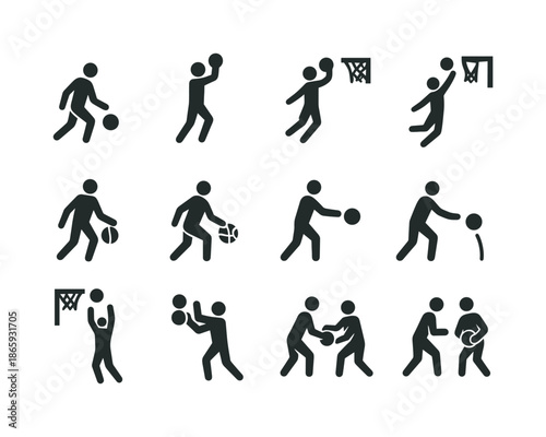 Basketball Icon Set. Basketball moves. Solid icon set of Basketball moves: dribble, jump shot, layup, dunk, crossover, spin move, chest pass, bounce pass,