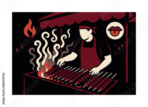 Night Market Grill. Night market grill. Vendor flipping skewers over an open flame; smoke rising in rhythmic curls. Floating flame and taste icons. Modern flat