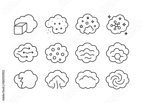 Giant Cloud Icons. Giant molecular clouds. Line icon set of Giant molecular clouds: massive gas block, cold interior, complex filaments, star cluster cradle,