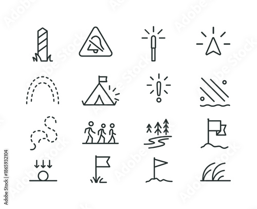 Enemy Camp Icons. enemy camp under attack. Line icon set of enemy camp under attack: boundary marker, silent warning icon, directional flare, defensive arc,