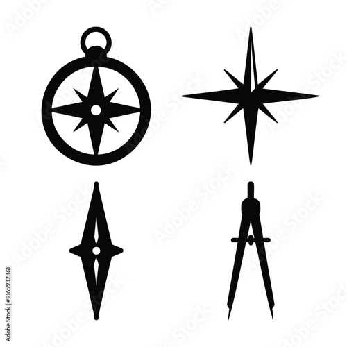 Navigational compasses and drafting divider tools vector icons Vector