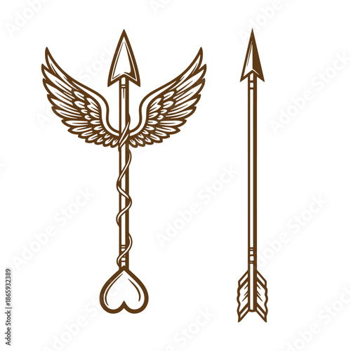 Brown line art illustrations of a winged heart arrow and a straight arrow with feathers  symbolic designs for art and decoration
