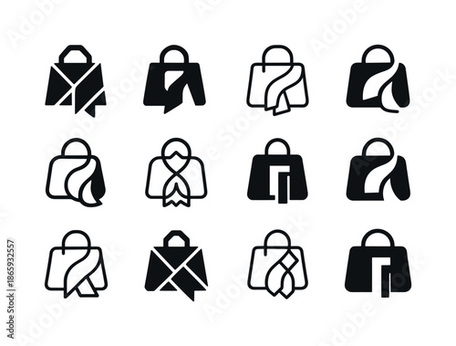 Accessory Logo Variations. accessory layout. Icon set. Set Logo of accessory layout: bag and scarf combo. harmonious logo variations of the same emblematic