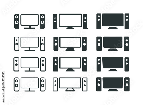 Home Theater Icons. Home theater system. Icon set. Set Logo of home theater system: big screen rectangle. harmonious logo variations of the same emblematic