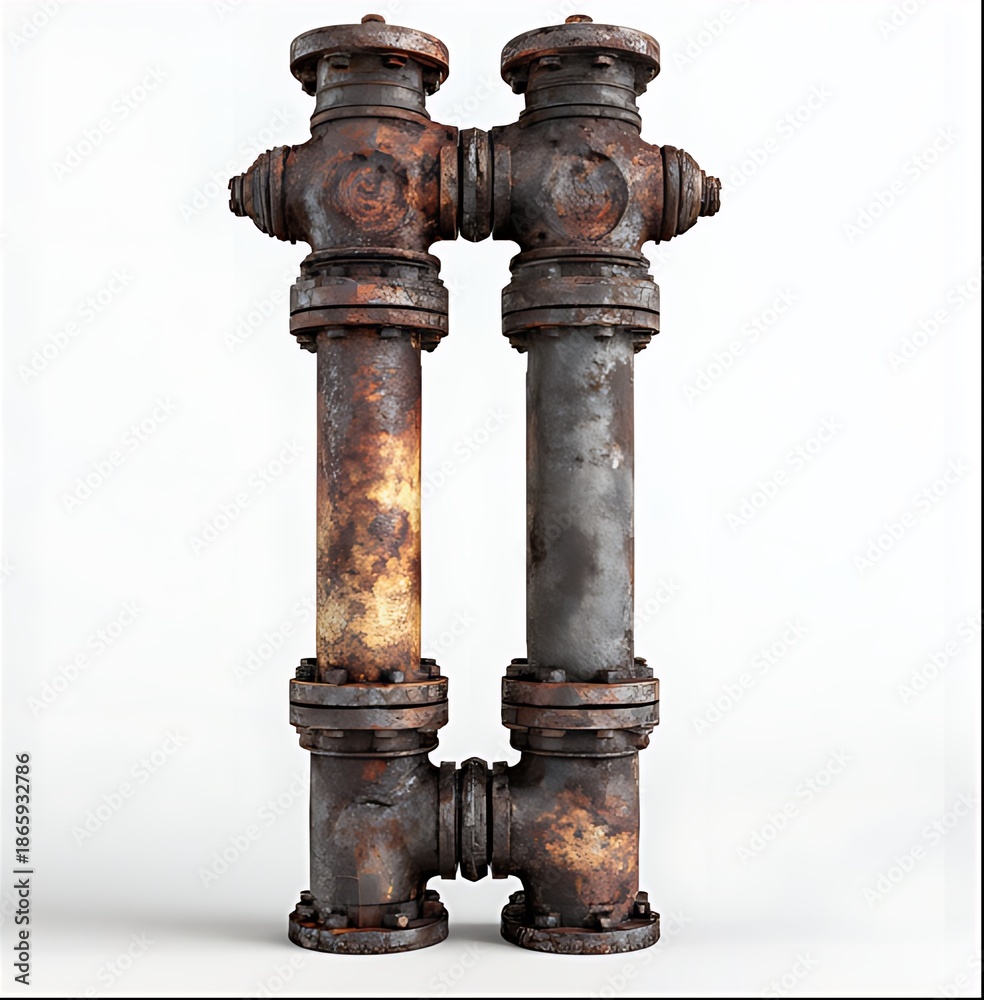 Fototapeta premium old rusty pipes total white background, long vertical mechanic column