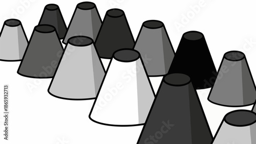 Rows of grey and black conical shapes on a white background