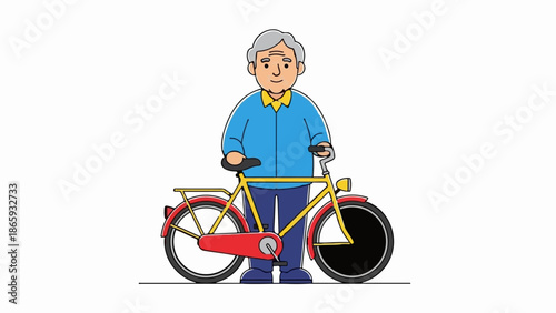 Smiling elderly man in blue shirt and pants with yellow bicycle