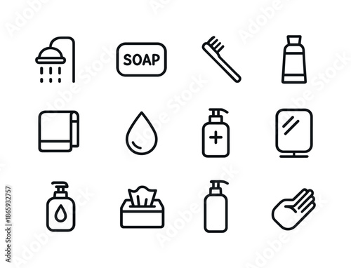 Hygiene Icon Set. Hygiene. Line icon set of Hygiene: showerhead, soap, towel, toothbrush, toothpaste, handwash, water droplet, sanitizer, mirror, tissue,