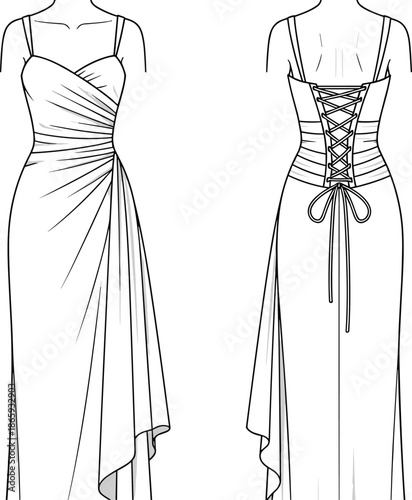 Elegant corset back evening gown fashion flat sketch with draped wrap skirt front and back technical illustration design