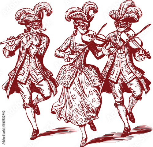 Three musicians wearing masks playing flute and violins outdoors