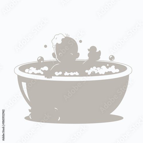 Baby taking a bath in a large bowl with bubbles and toys, happy and playful moment