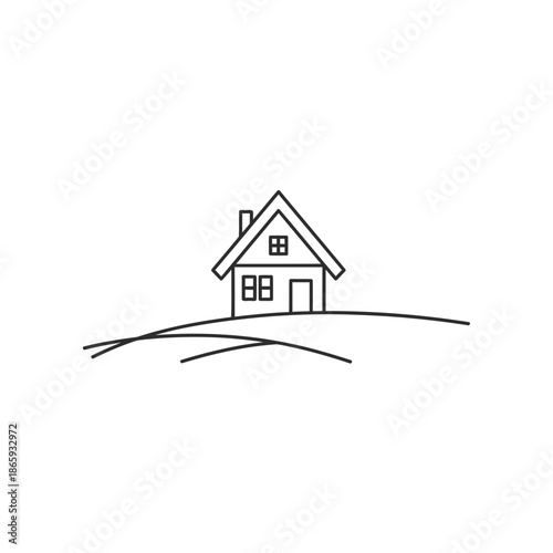 A simple house illustration with a pitched roof and a door on a hillside