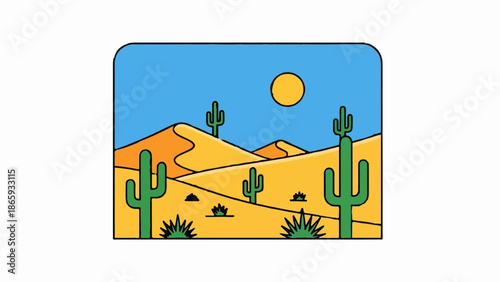 Stylized desert landscape with rolling dunes, saguaro cacti, and a bright sun