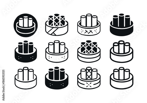 Seafood Roll Icon Set. Seafood spring rolls. Icon set. Set Logo of seafood spring rolls: roll in bamboo basket. harmonious logo variations of the