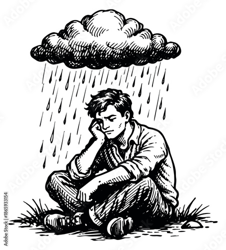 Hand drawn line art illustration of a man depicting sadness and misfortune under a rain cloud for mental health concepts