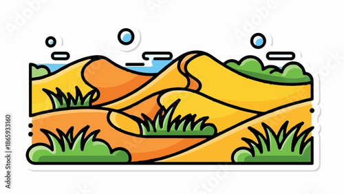 Stylized desert landscape with rolling dunes, sparse green vegetation, and a bright blue sky