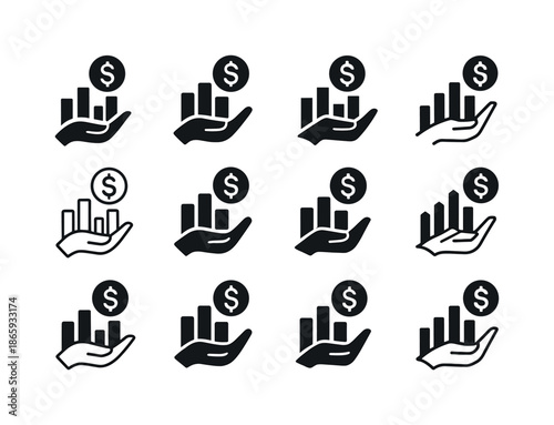 Financial Independence Icons. Achieving financial independence and wealth. Icon set. Set Logo of Achieving financial independence and wealth: investment chart.