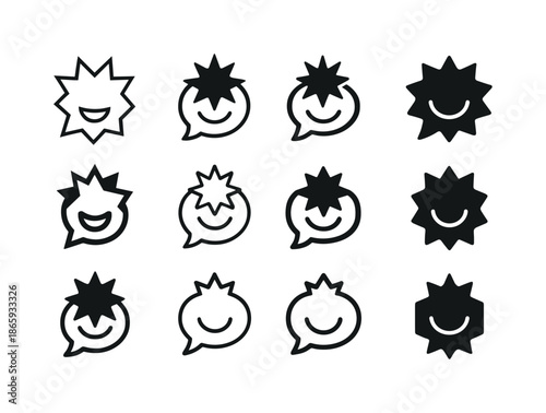 Comic Bubble Logo Set. joke telling. Icon set. Set Logo of joke telling: comic bubble burst. harmonious logo variations of the same emblematic concept, each