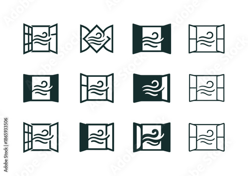 Fresh Air Icons. Opening the windows for fresh air. Icon set. Set Logo of opening the windows for fresh air: peaceful indoor air flow. harmonious