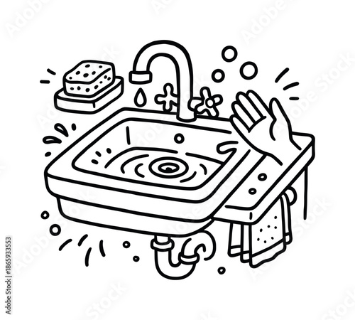Bathroom Sink Doodles. Sink. Hand-drawn doodle illustration Sink bathroom faucet, basin outline, water swirl, soap dish, sponge, hand icon, faucet handle, drip
