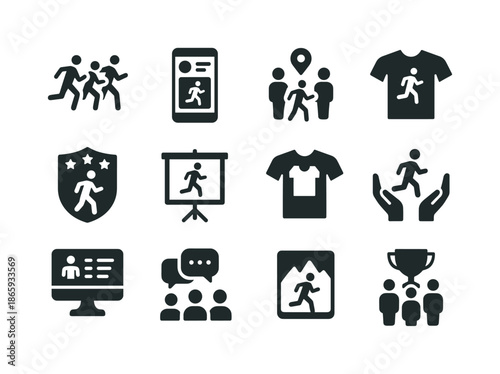 Running Community Icons. Running community. Solid icon set of Running community: group run icon, social feed, meetup icon, runner club badge, event board, team