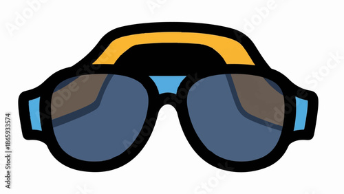 Stylized, bold cartoon goggles with blue lenses and yellow top bar