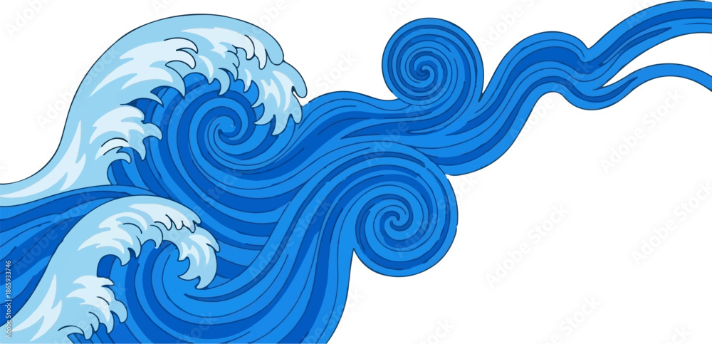 Fototapeta premium Stylized blue waves with white crests, forming swirling patterns against a white background
