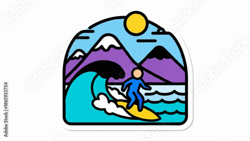 Surfer riding wave near purple mountains under a sunny sky