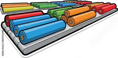 Rows of vibrant colored fabric rolls neatly organized on industrial shelves