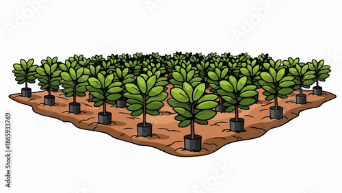 Rows of young potted trees planted in soil on a white background