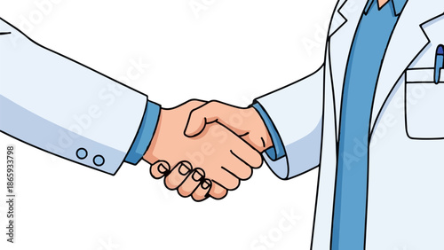 Two people in white lab coats shake hands, symbolizing agreement and collaboration