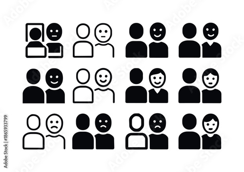 Non-Verbal Icons Grid. Non-verbal communication in interviews. Icon set. Set Logo of Non-verbal communication in interviews: facial expression. harmonious logo
