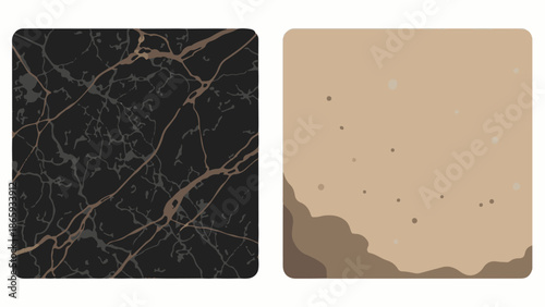 Two abstract squares one dark with gold veins, one light brown with scattered dots