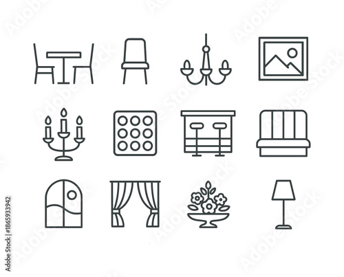 Restaurant Icons Line Art. Restaurant interiors. Line icon set of Restaurant interiors: table, chair, chandelier, wall art, candle holder, wine rack, bar
