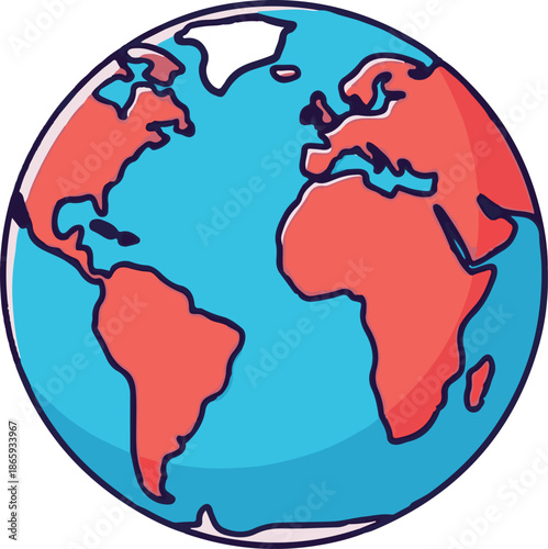 Stylized illustration of planet Earth, showing continents in coral and oceans in sky blue