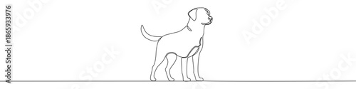 Continuous one line drawing of a dog standing in profile. Editable black stroke on a white background. Vector illustration.