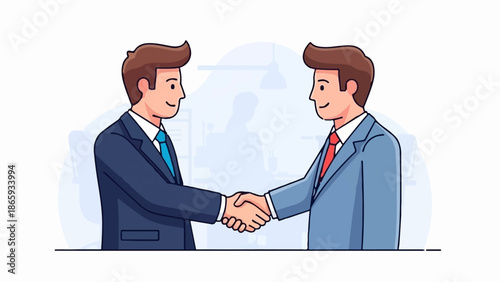 Two businessmen in suits shake hands in an office setting, agreeing
