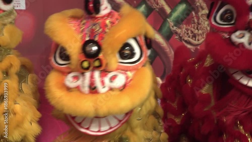 Chinese lion dance performing, Slow motion.