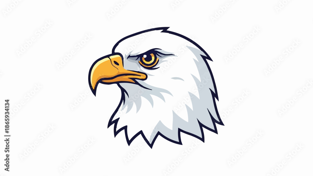 Fototapeta premium Stylized eagle head, sharp beak, intense eyes, white feathers, dark outline