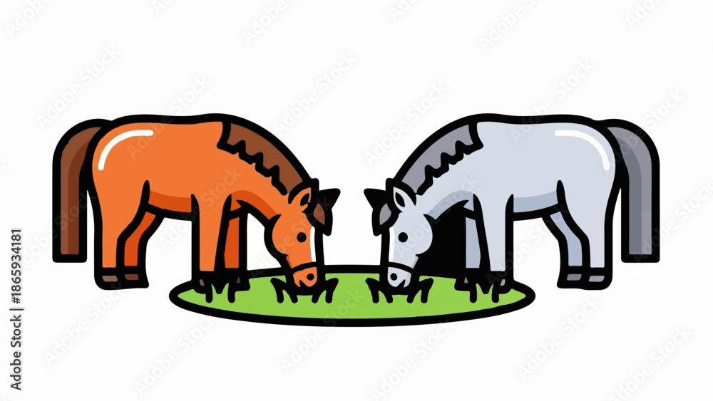 Fototapeta premium Two cartoon horses, one brown and one grey, grazing together on a patch of green grass